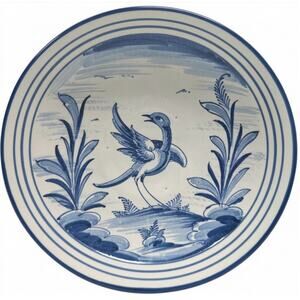 Blue White Talavera Bird Plate 9” Signed Wall Decor Mexican Style Vintage